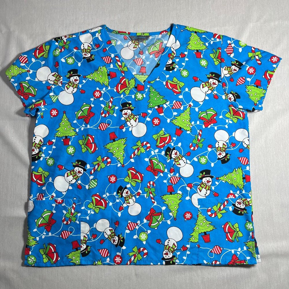 Serene Uniforms Women's Scrubs Top Snowman Christmas Tree Winter V-Neck Size 2X